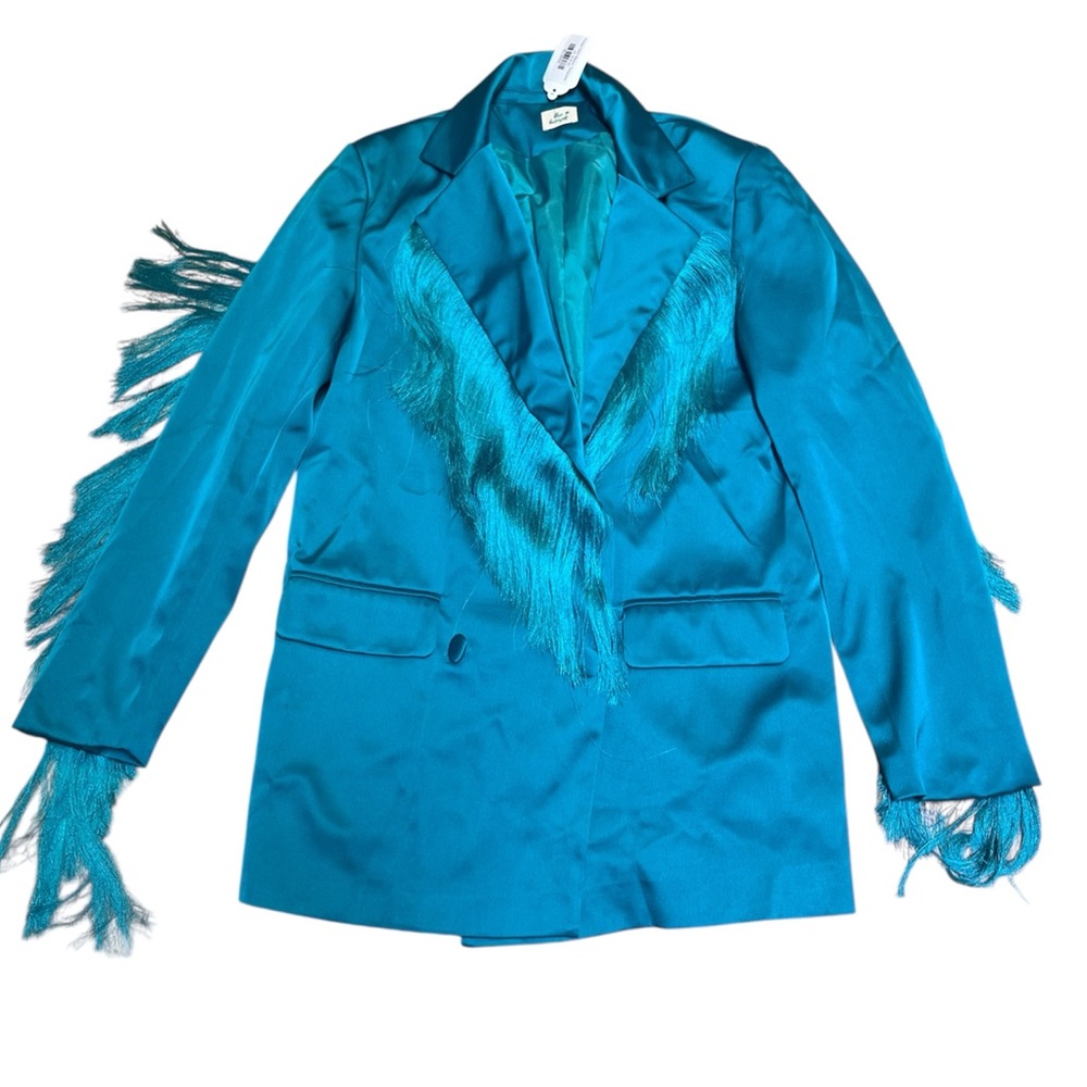 New Blue Buttercup Teal Satin Fringe Jacket
Size: Medium